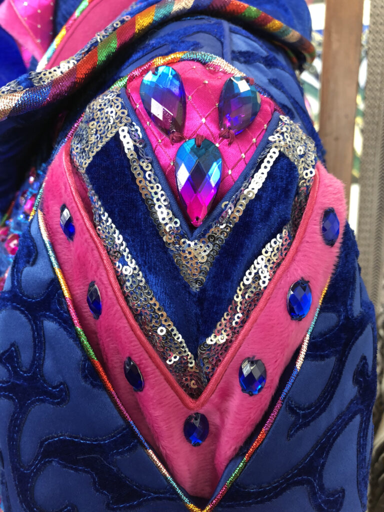 detail carnavalsjas in blauw roze stenen glitters